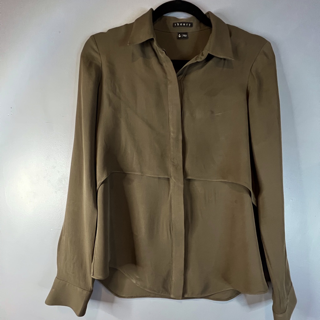 Theory Olive Green 100% Silk Button Up Blouse /Shirt Size P